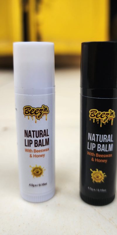 Beez Natural Lip Balm tubes with raw honeycomb and beeswax pellets